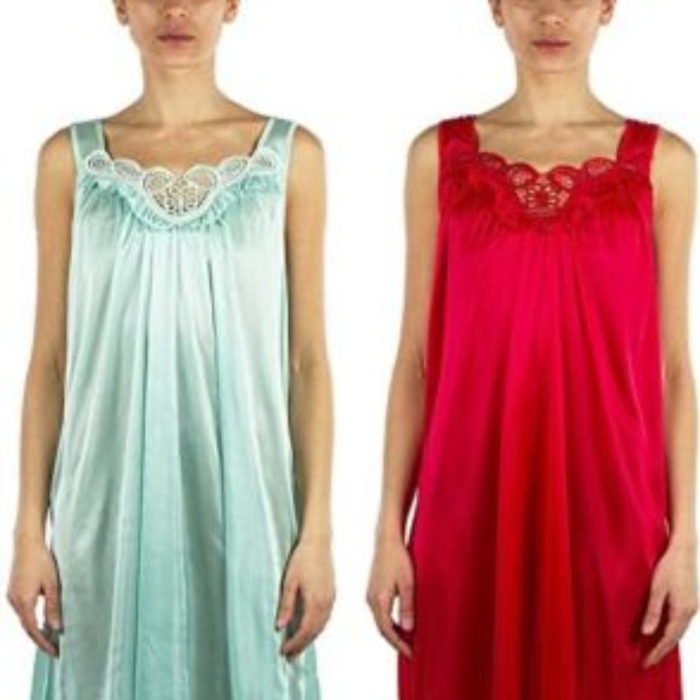 2 Pack of Silky Lace Accent Sheer Sleeveless Nightgowns - Medium to 3X Available